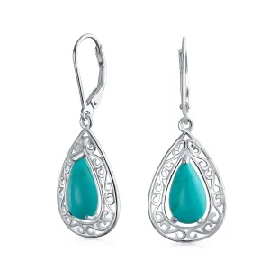 Western Style Blue Turquoise Dangle Gemstone Earrings in  Sterling Silver