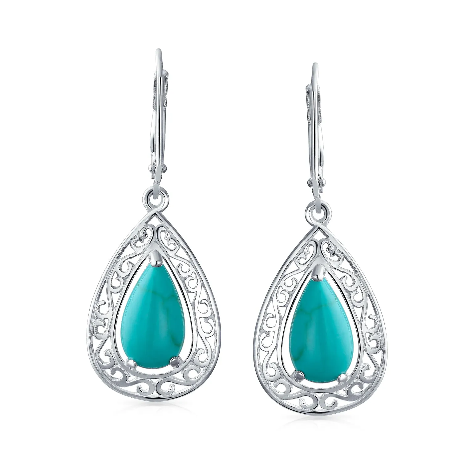 Western Style Blue Turquoise Dangle Gemstone Earrings in  Sterling Silver