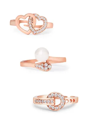 ZAVERI PEARLS Set of 3 Rose Gold Contemporary Cubic Zirconia Brass Adjustable Rings For Women-ZPFK11176